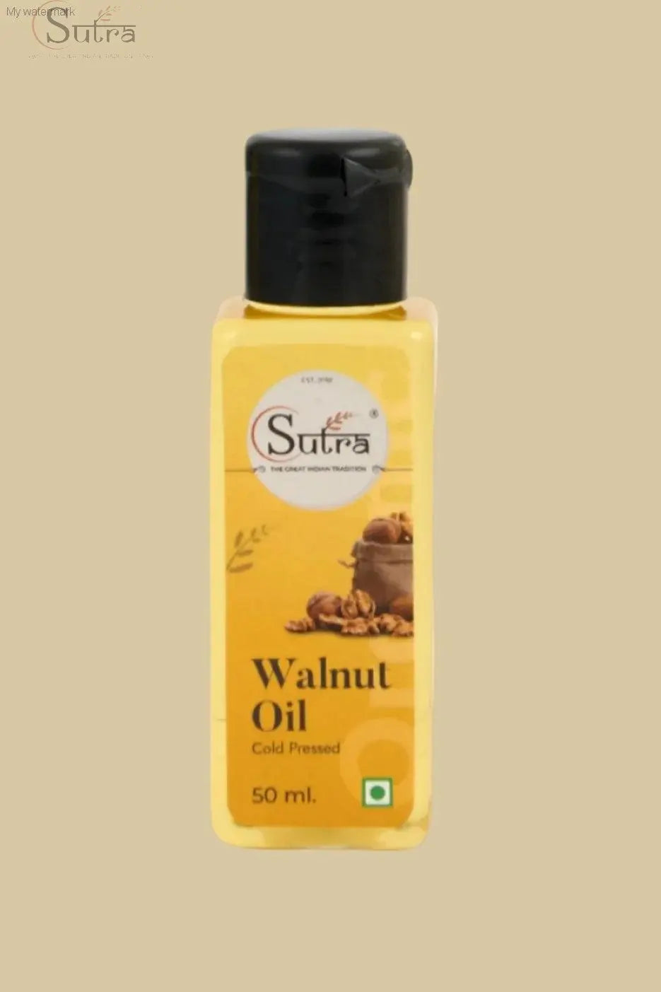 Sutra Wooden Cold Pressed Walnut Oil bottle, cold-pressed, 50ml, heart-healthy omega-3, antioxidants, for cooking and wellness.