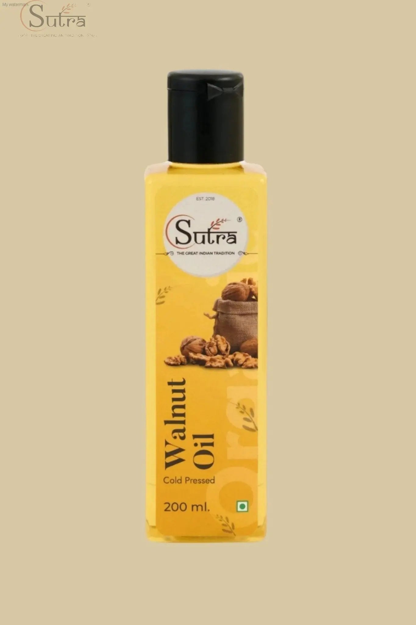 Sutra Wooden Cold Pressed Walnut Oil bottle featuring cold-pressed, wood-pressed, unrefined oil for cooking and wellness, 200 ml.