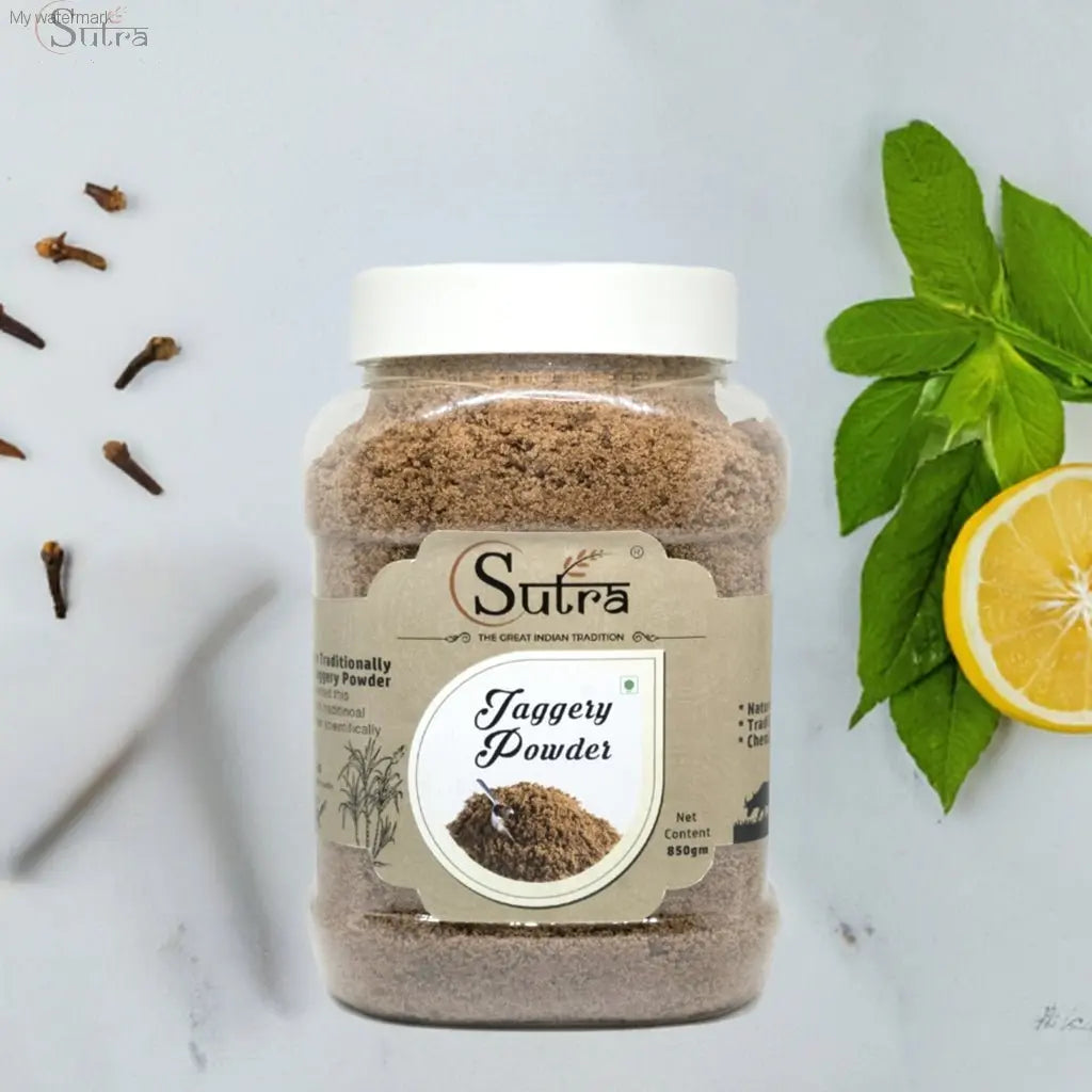 Sutra Jaggery Powder jar with natural sweetener label, surrounded by herbs and