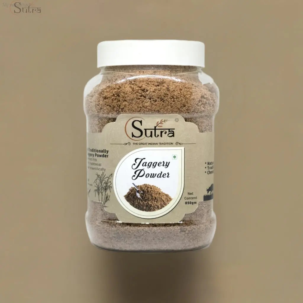 Sutra Jaggery Powder jar for healthy sweetening, natural and unrefined organic product.