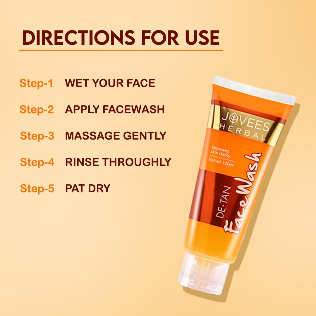 Jovees De-Tan Herbal Face Wash packaging with usage directions for brightening and tan removal.