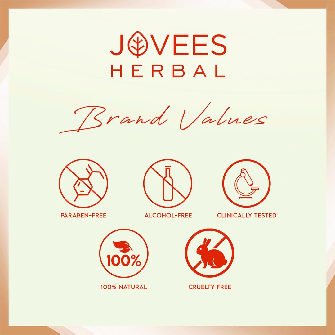 Jovees De-Tan Herbal Face Wash packaging, highlighting paraben-free, alcohol-free, clinically tested, 100% natural, and cruelty-free brand values.