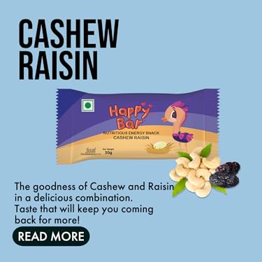 Cashew Raisin Happy Bar packaging with nuts and raisins illustration, promoting a nutritious energy snack.