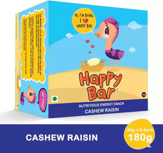 Cashew Raisin Energy Bar packaging with colorful design featuring a cartoon character.