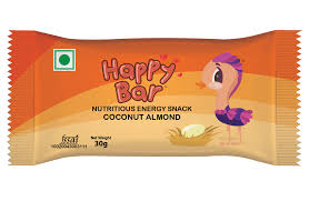 Happy Bar Coconut Almond Protein Energy Bar packaging with vibrant design, highlighting nutritious ingredients for on-the-go energy.