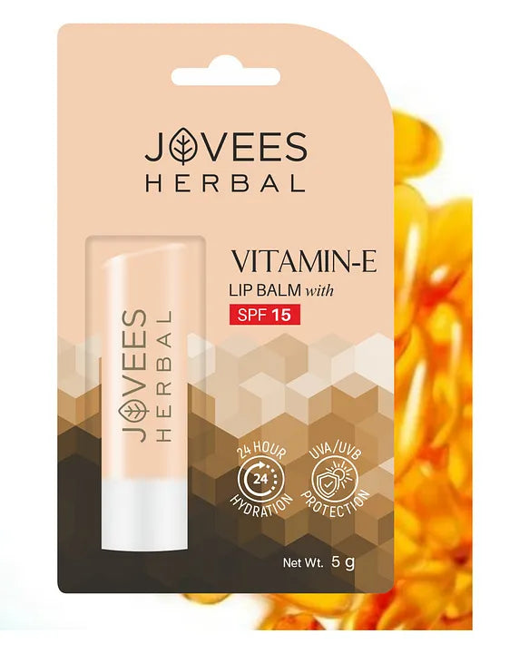 Jovees Vitamin E Lip Balm SPF 15 for hydrating and protecting dry lips.