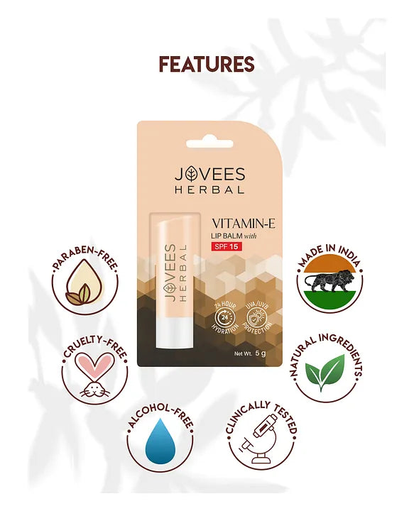 Jovees Vitamin E Lip Balm with SPF 15, hydrating and protecting lips from dryness, enriched with natural ingredients, cruelty-free, paraben-free, alcohol-free, and made in India.