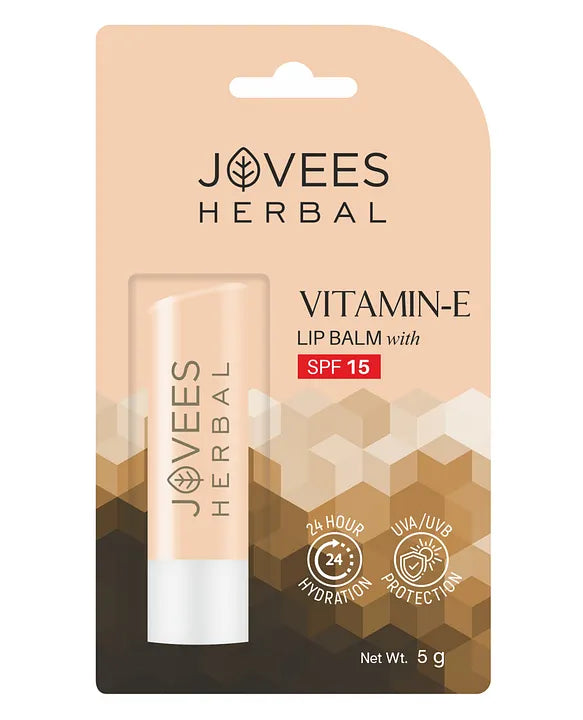 Jovees Vitamin E Lip Balm SPF 15 for hydrating and protecting dry lips.