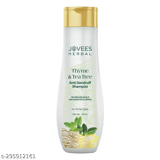 Jovees Thyme & Tea Tree Anti Dandruff Shampoo bottle on white background.