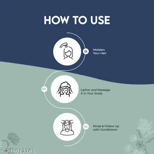 How to use Jovees Thyme & Tea Tree Anti Dandruff Shampoo infographic with three steps: moisten hair, lather and massage, rinse and condition.