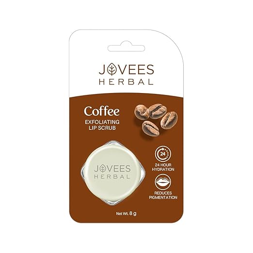 Jovees Coffee Exfoliating Lip Scrub packaging displaying product benefits for reducing pigmentation and enhancing lip hydration.