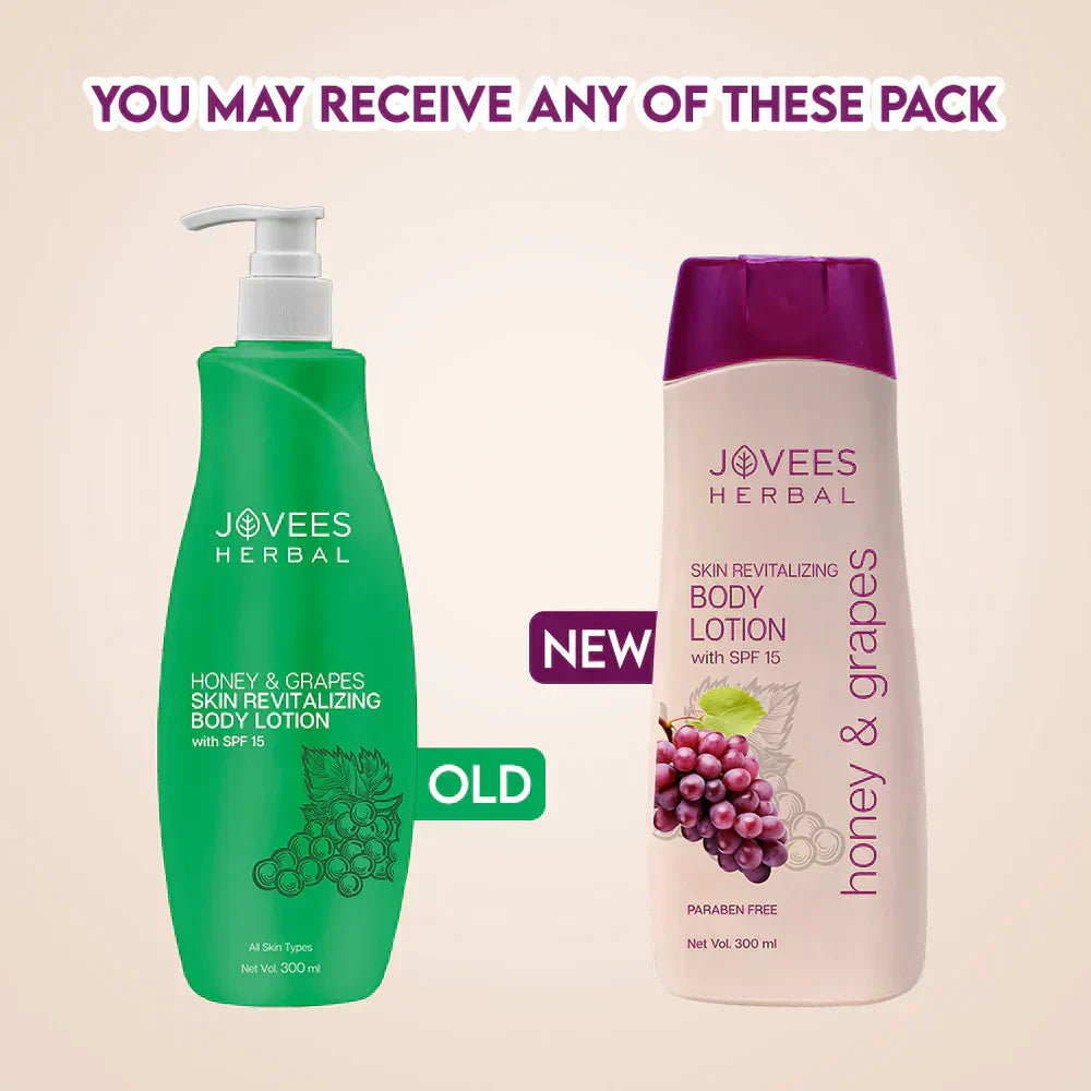 Jovees Honey & Grape Hand & Body Lotion bottles featuring moisturizing and nourishing ingredients.