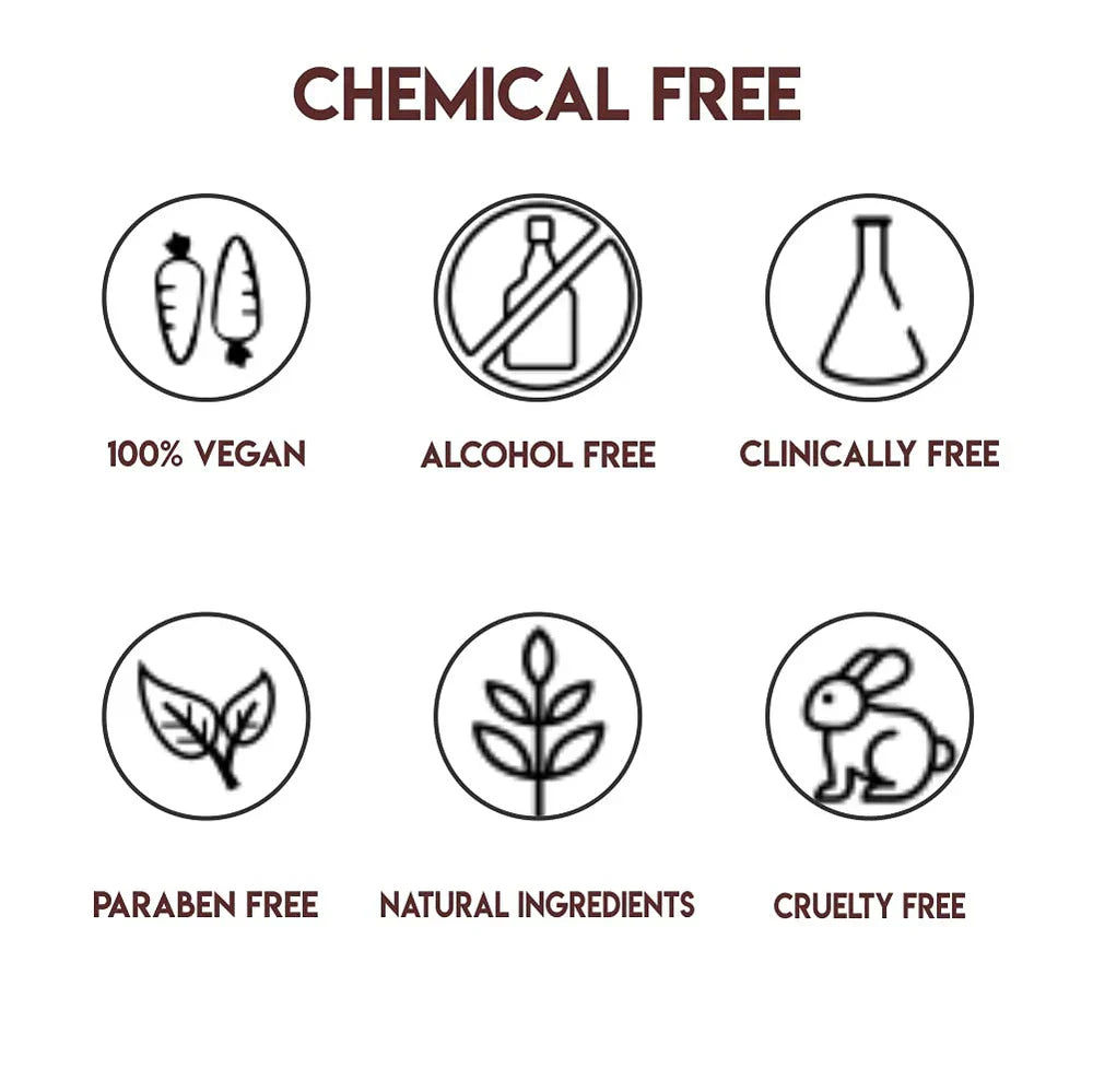 Chemical-free labels: 100% vegan, alcohol-free, clinically tested, paraben-free, natural ingredients, cruelty-free.