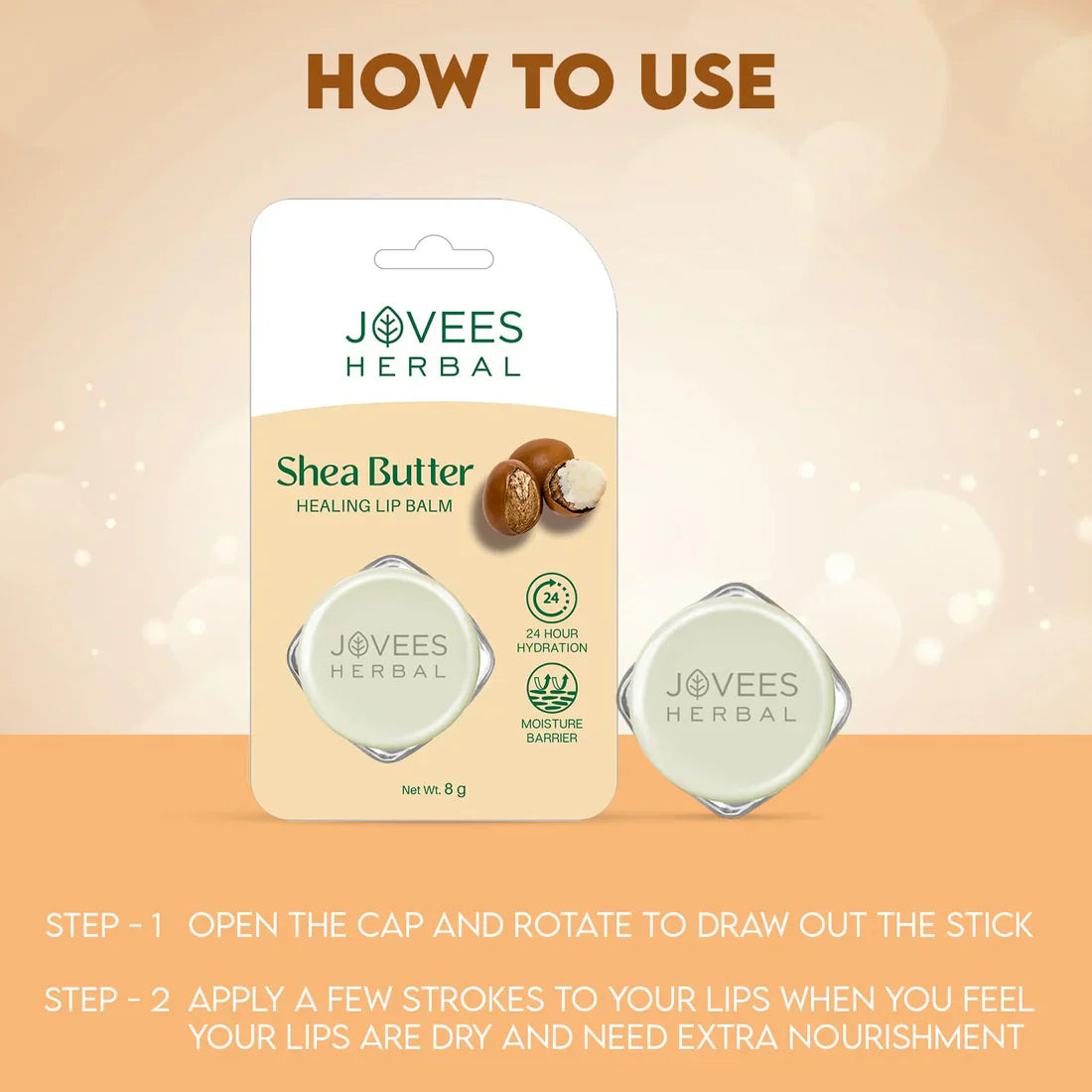 Jovees Herbal Shea Butter Healing Lip Balm packaging with usage instructions.