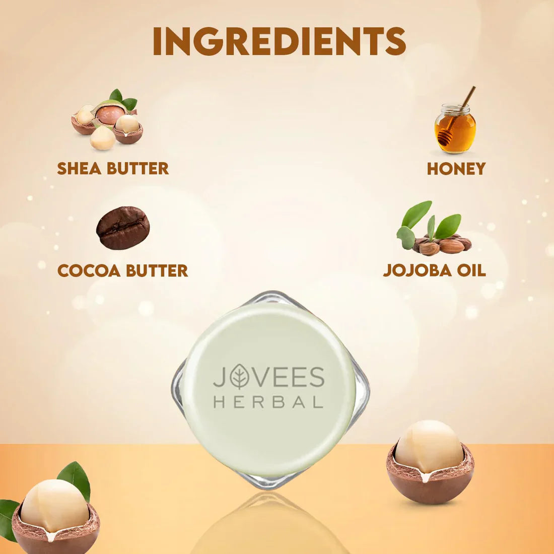 Jovees Herbal Shea Butter Healing Lip Balm with cocoa butter, honey, and jojoba oil ingredients.