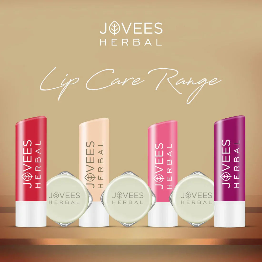 Jovees Herbal Shea Butter Healing Lip Balm range displayed in various shades for hydration and lip care.