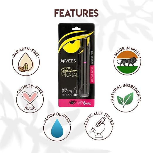 Jovees Signature Kajal packaging displaying waterproof, smudge-proof, and long-lasting features, enriched with natural ingredients, cruelty-free, and made in India.