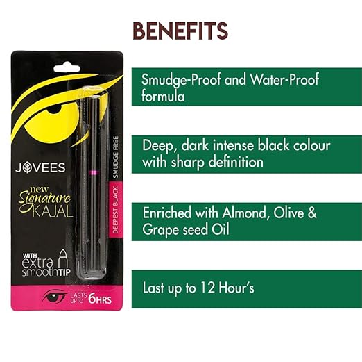 Jovees Signature Kajal packaging showcasing waterproof, smudge-proof, long-lasting benefits, enriched with oils, intense black color, and up to 12-hour wear.