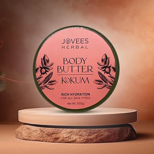 Jovees Herbal Kokum Body Butter 200g tub on a display stand, designed for intense hydration and soothing dry skin.