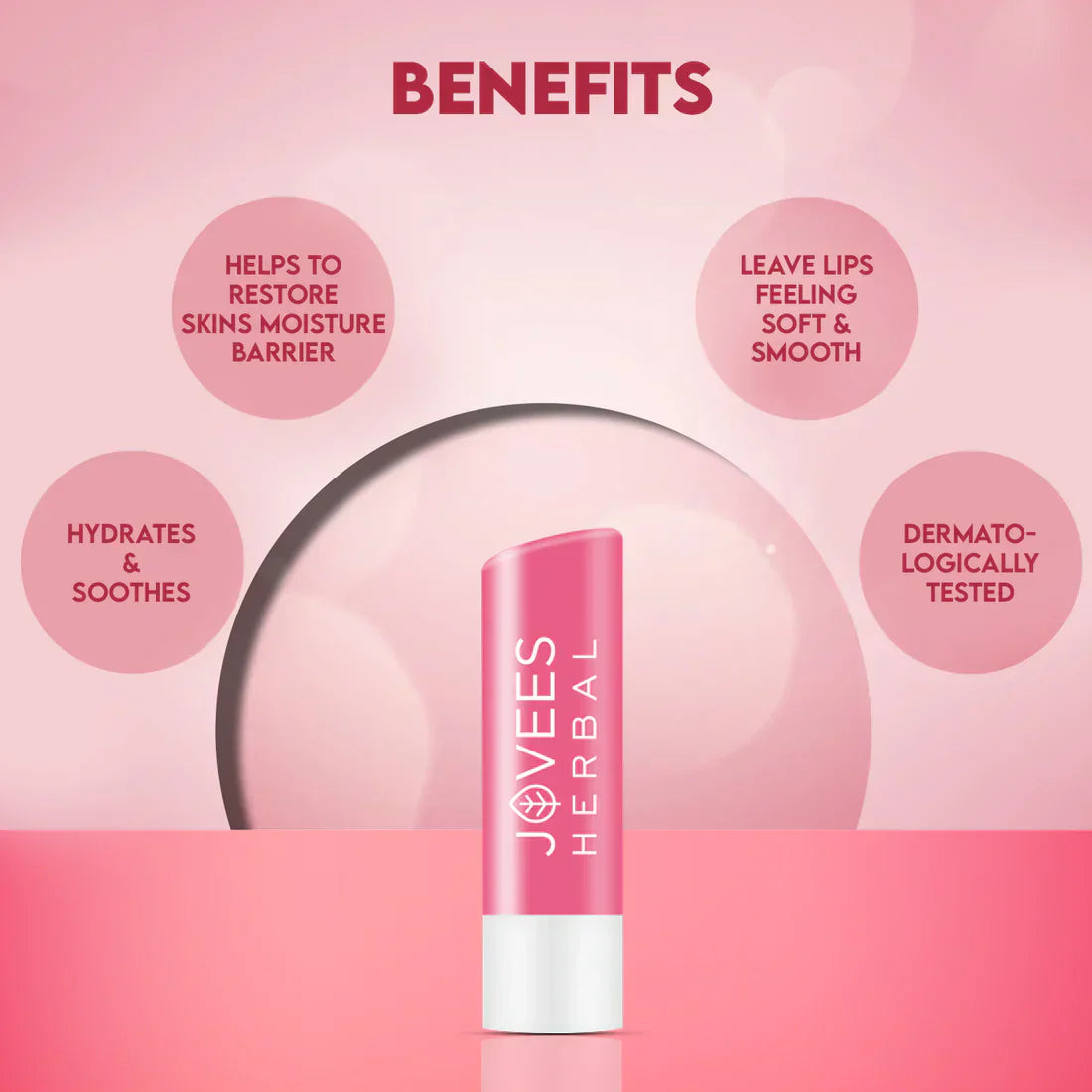 Jovees Herbal Liquorice Lightening Lip Balm on pink background with listed benefits.