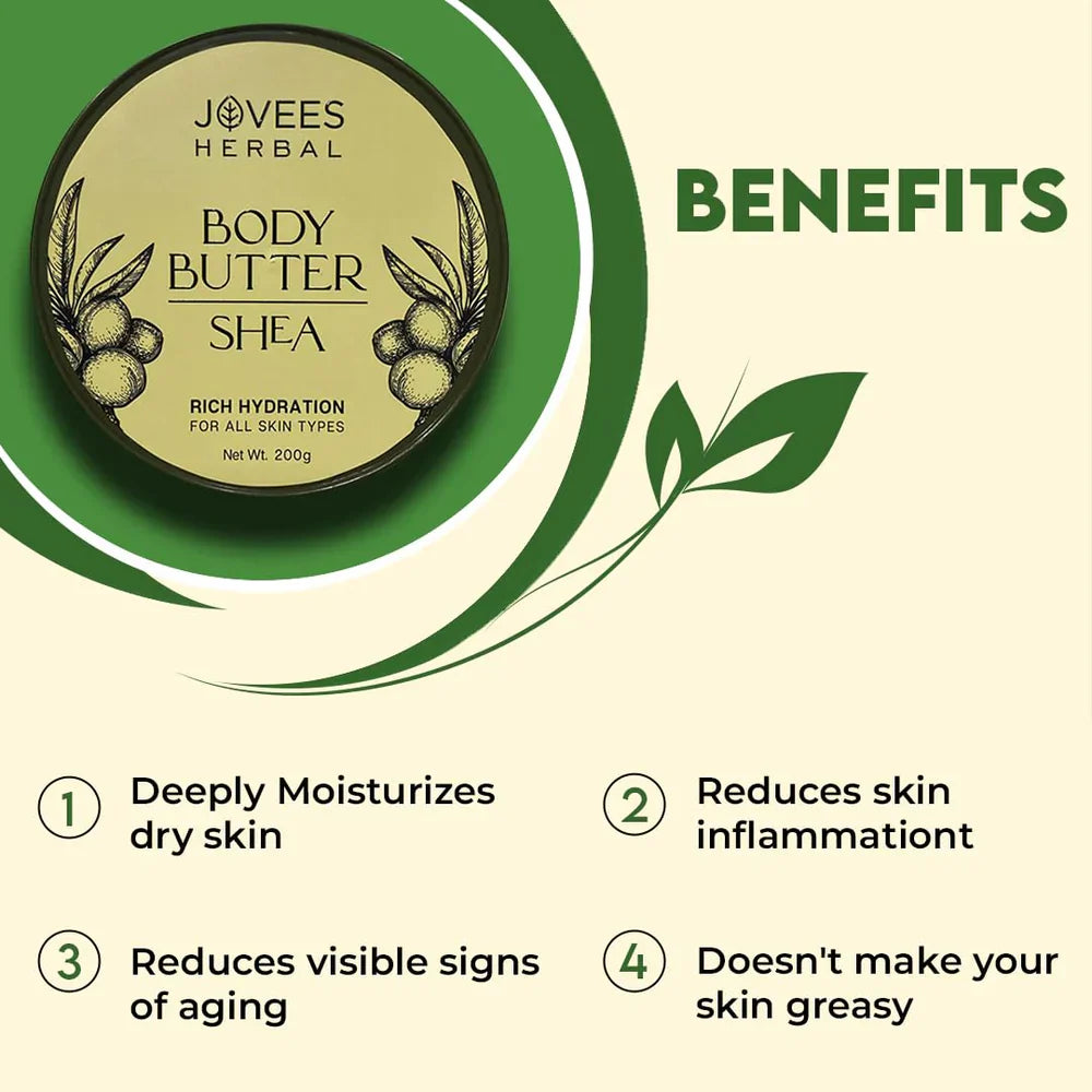 Jovees Shea Body Butter packaging with benefits for deep moisturization, reducing inflammation, and anti-aging for dry skin.