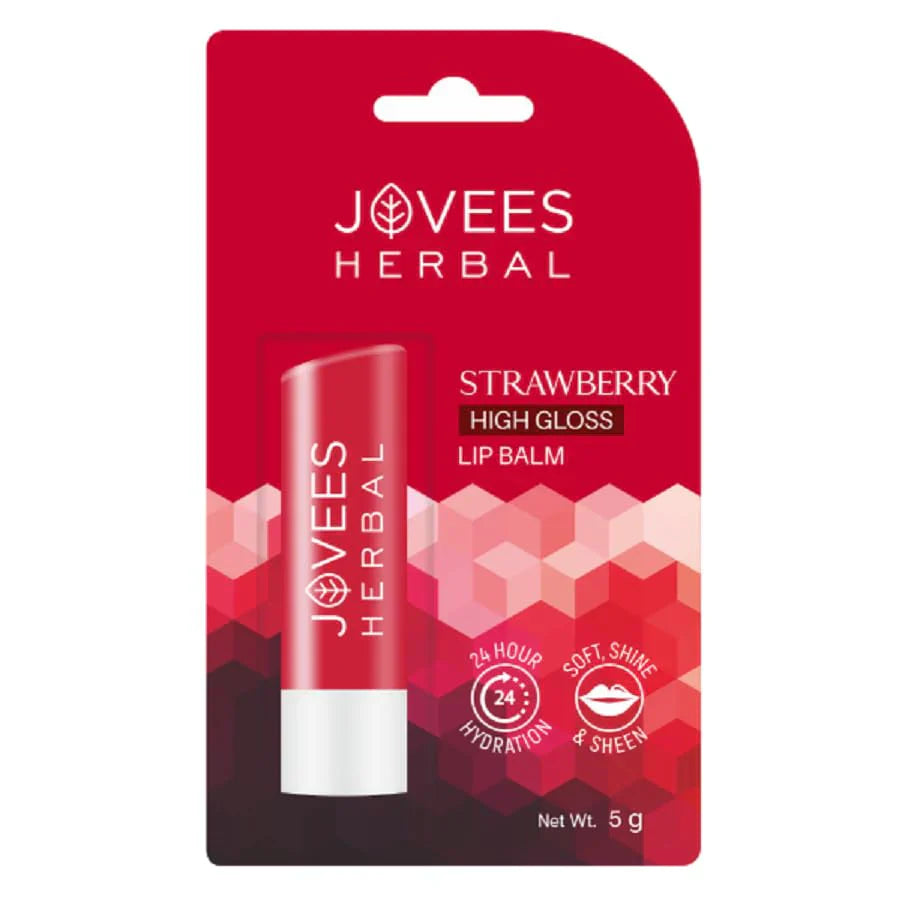 Jovees Strawberry High Gloss Lip Balm with Vitamin E packaging displaying soft and glossy lip care benefits.