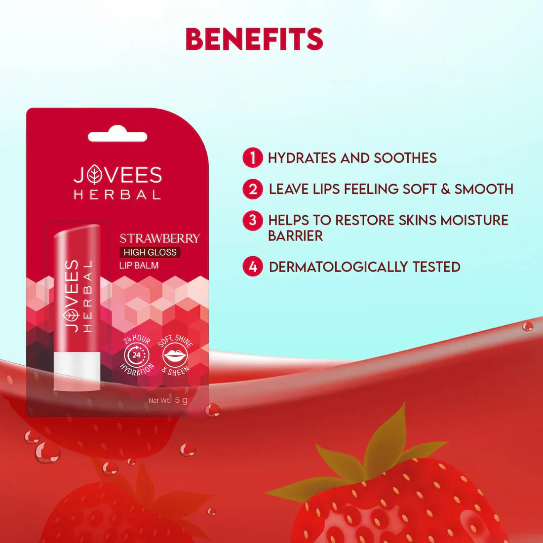 Jovees Strawberry High Gloss Lip Balm with Vitamin E packaging, highlighting benefits like hydration, softness, moisture barrier restoration, and dermatological testing.