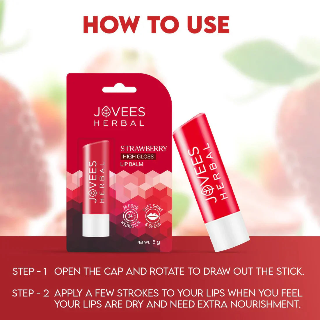 Jovees Strawberry High Gloss Lip Balm with Vitamin E for soft, glossy lips packaging.