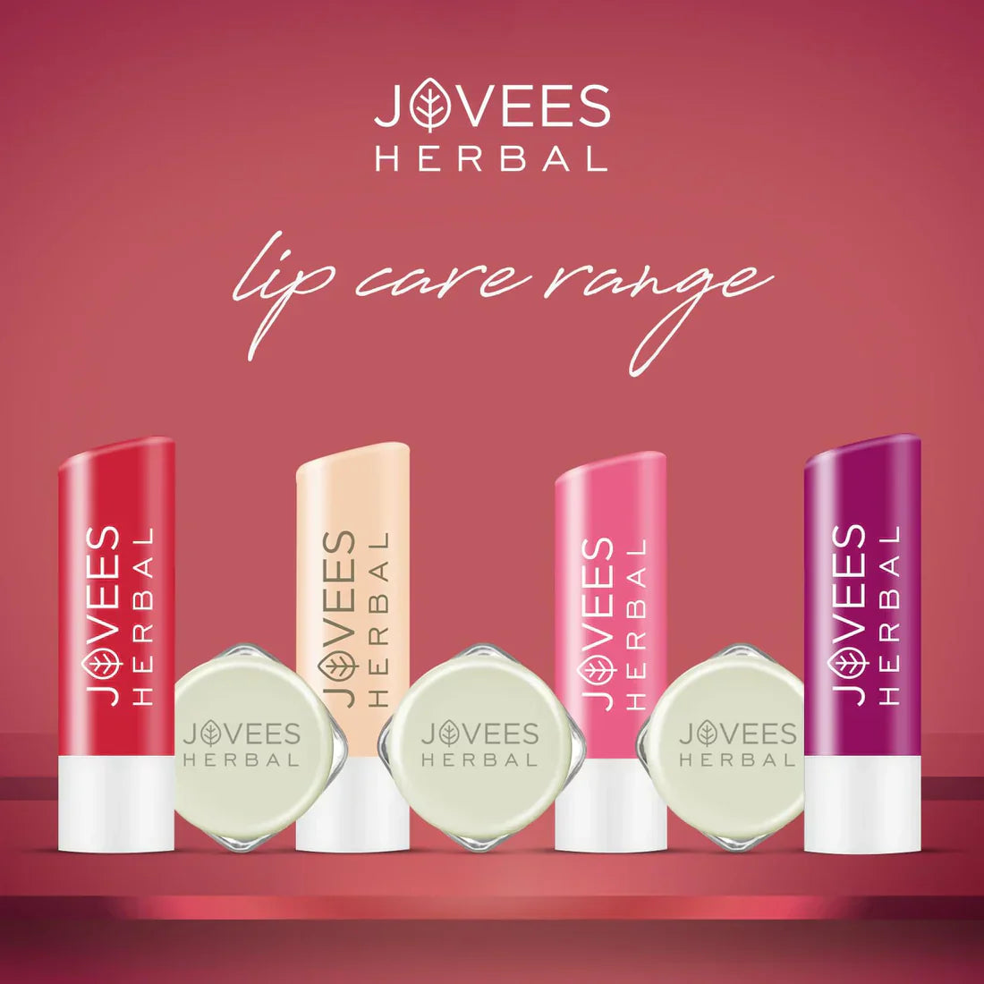 Jovees Strawberry High Gloss Lip Balm with Vitamin E for soft, glossy lips, shown in packaging with other variants in the lip care range.