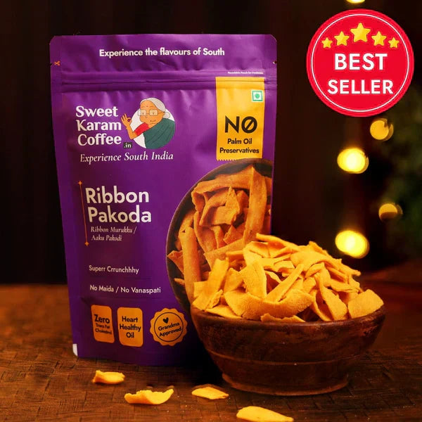 Crispy & Spicy South Indian Snack - Sweet Karam Coffee Ribbon Pakoda - Crispy Indian Snack 95g Ribbon Pakoda 95g