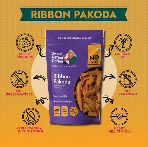 Crispy & Spicy South Indian Snack - Sweet Karam Coffee Ribbon Pakoda - Crispy Indian Snack 95g Ribbon Pakoda 95g