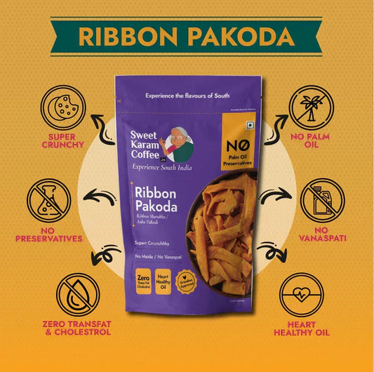 Crispy & Spicy South Indian Snack - Sweet Karam Coffee Ribbon Pakoda - Crispy Indian Snack 95g Ribbon Pakoda 95g