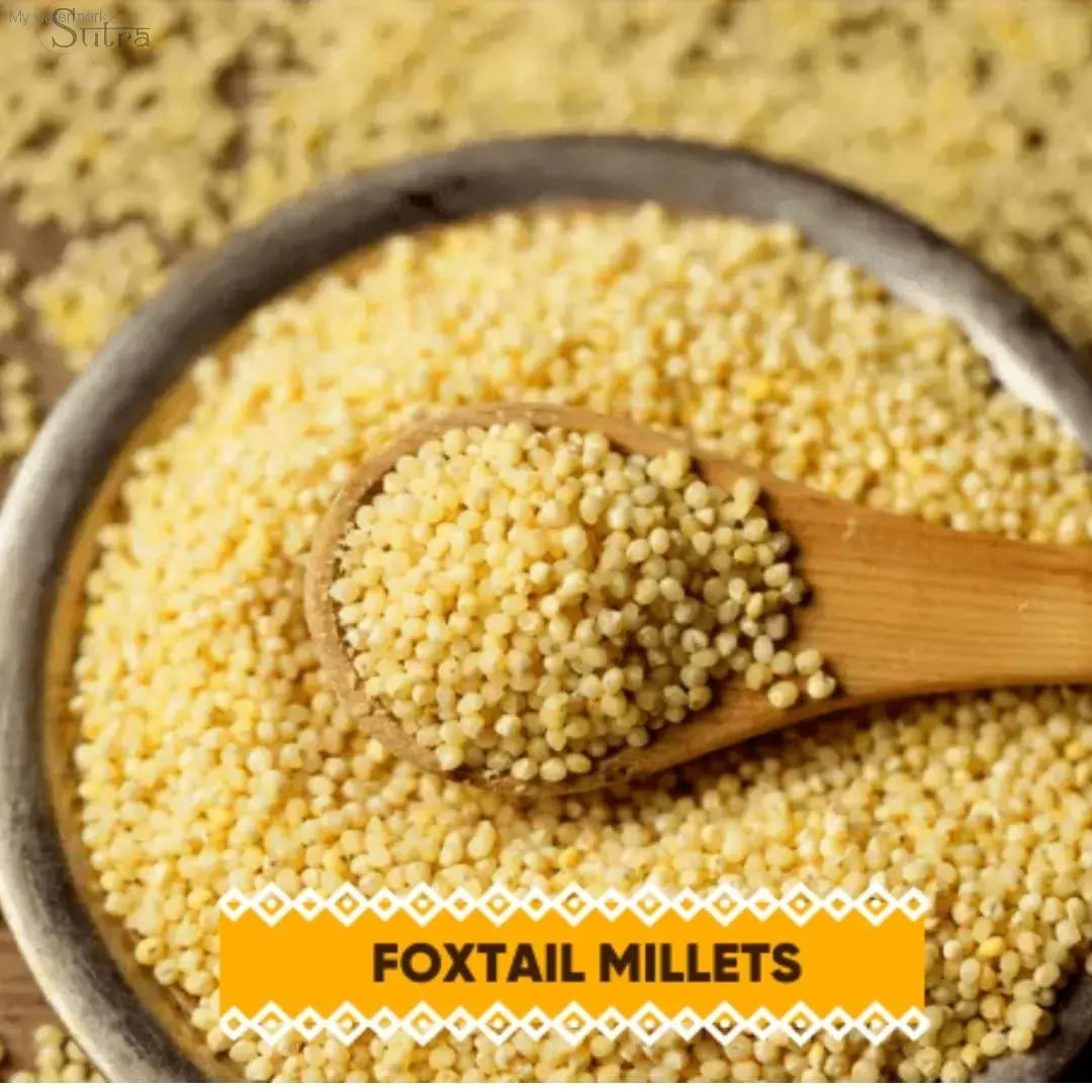 Natural Foxtail Millet by Sutra in a wooden spoon and bowl, nutrient-dense gluten-free superfood.