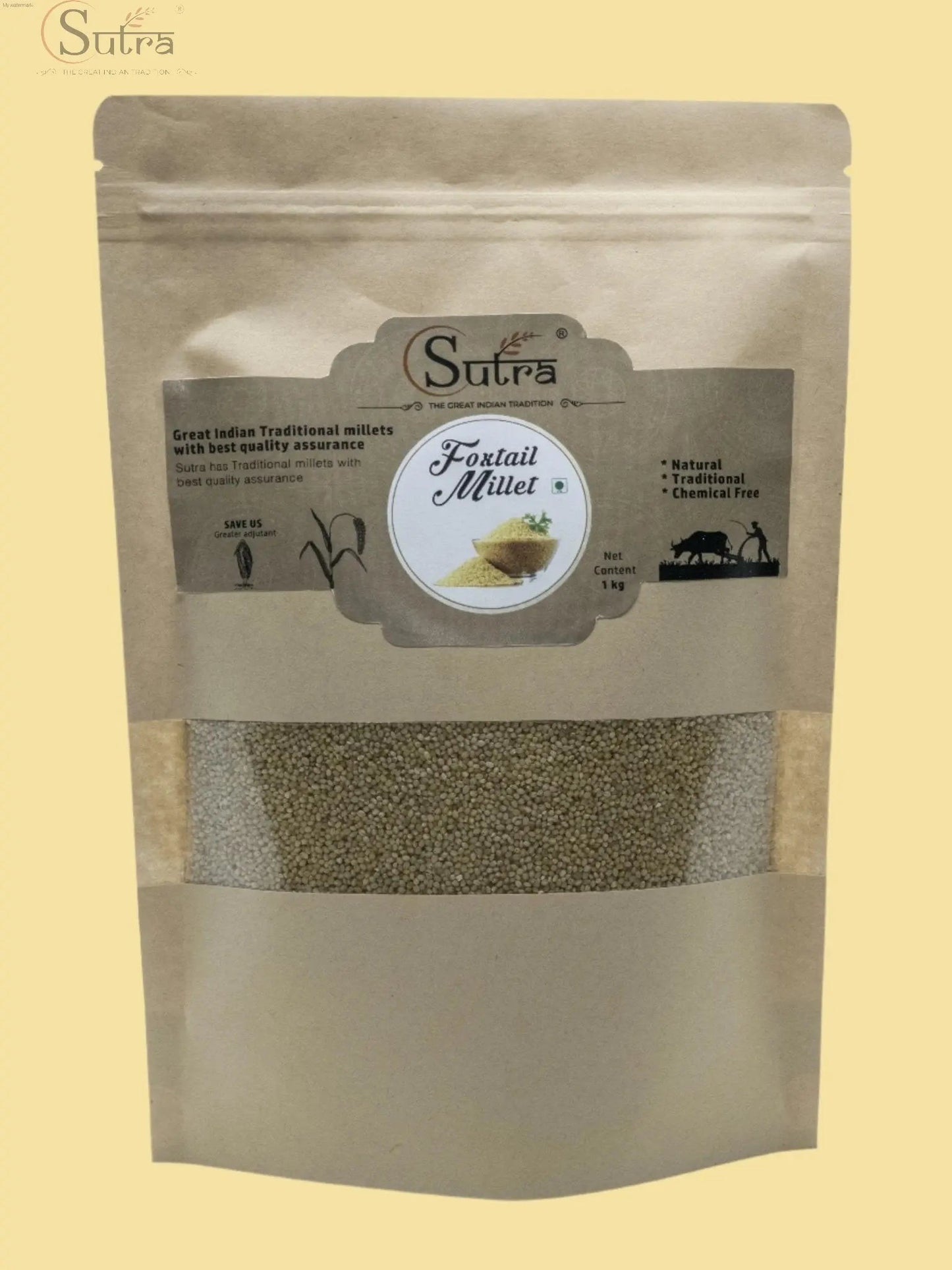 Sutra Natural Foxtail Millet Kangni in eco-friendly packaging, nutrient-rich gluten-free grain.