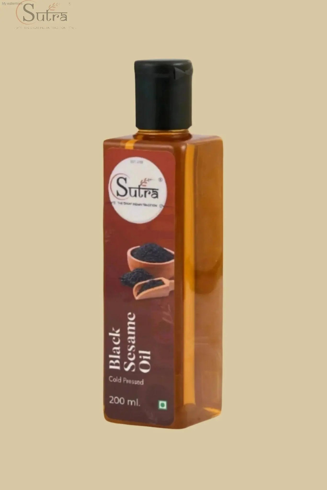 Sutra Wooden Cold Pressed Black sesame oil bottle with cold-pressed and wood-pressed label for healthy cooking.