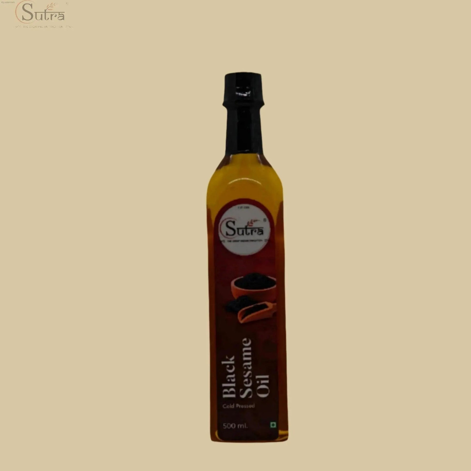 Sutra Wooden Cold Pressed Black sesame oil bottle, cold-pressed and wood-pressed, for healthy cooking.