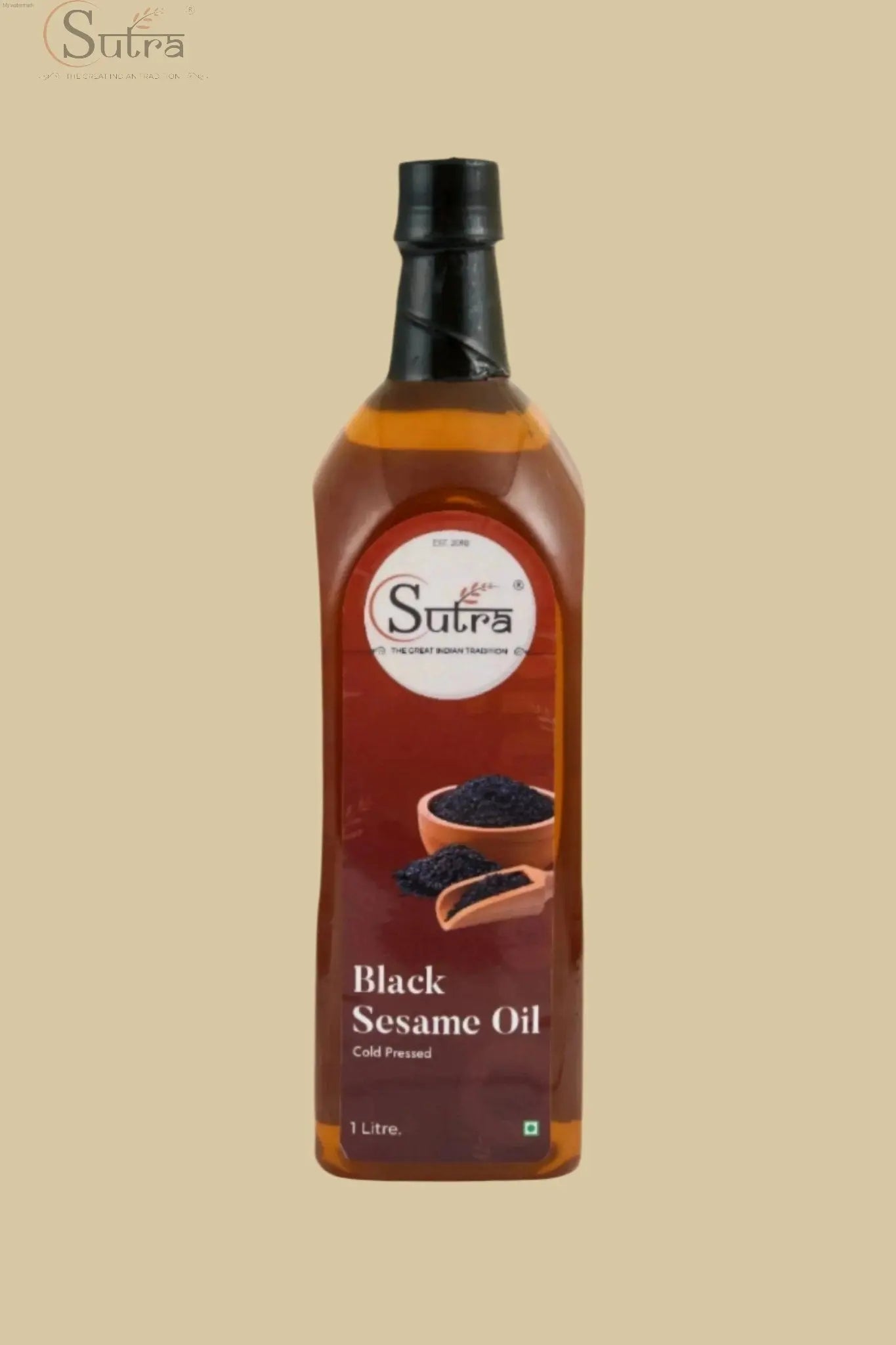 Sutra Wooden Cold Pressed Black sesame oil bottle, cold-pressed and wood-pressed for healthy cooking.