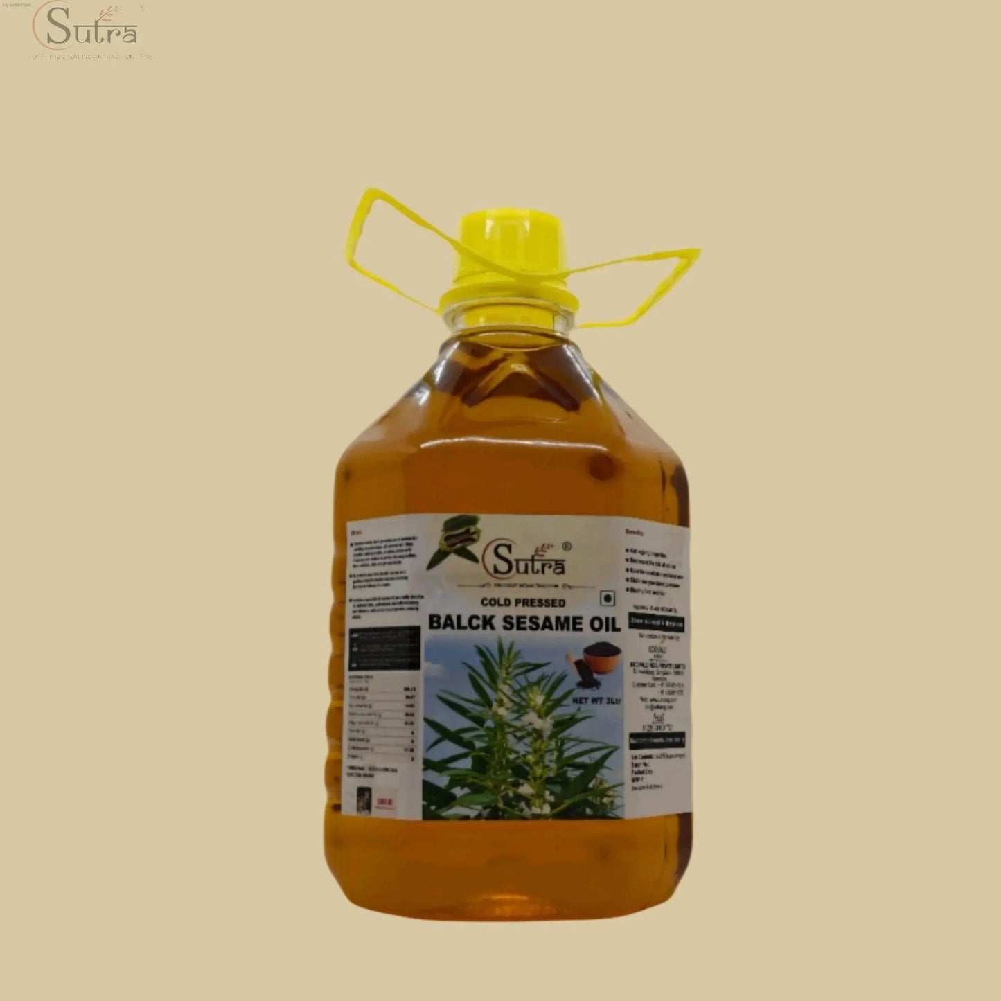 Sutra Wooden Cold Pressed Black sesame oil bottle, cold-pressed and wood-pressed for healthy cooking.