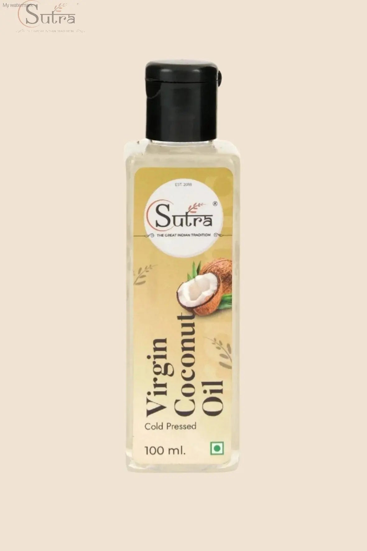 Sutra Wood Cold Pressed Virgin Coconut Oil in 100 ml bottle, cold-pressed and wood-pressed for cooking and wellness.