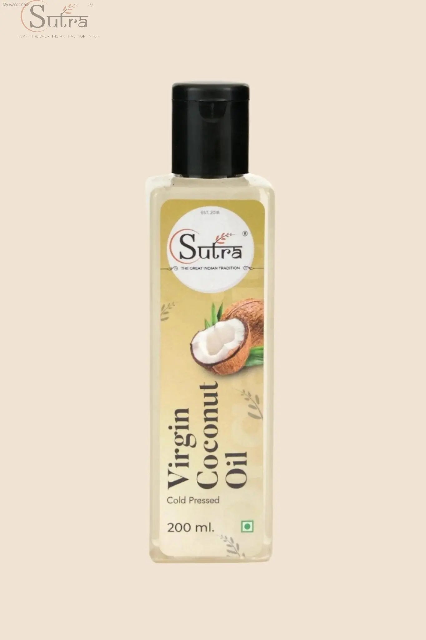 Sutra Wood Cold Pressed Virgin Coconut Oil bottle, 200ml, cold-pressed and wood-pressed, premium unrefined oil for cooking and wellness.