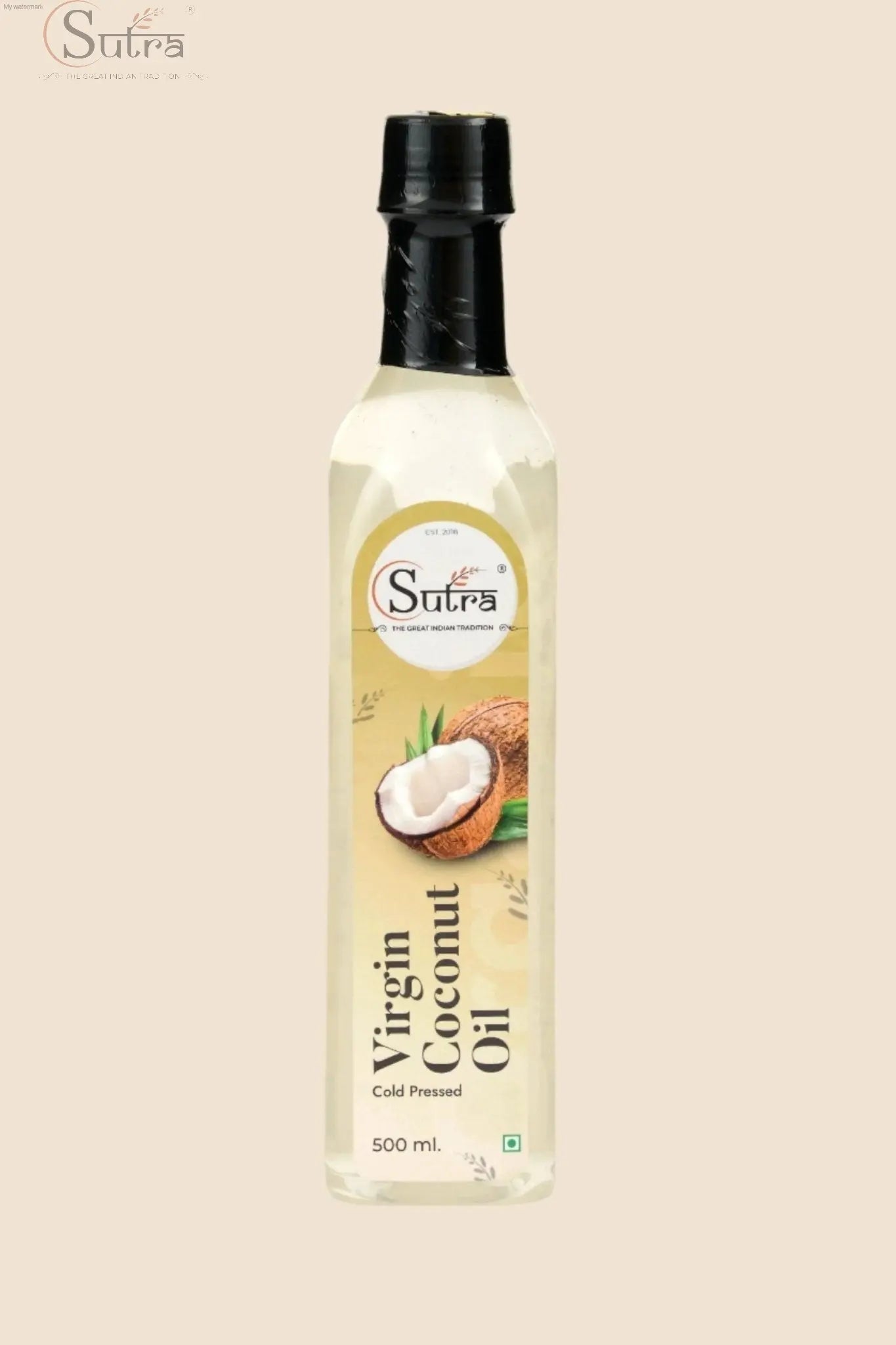 Sutra Wood Cold Pressed Virgin Coconut Oil bottle; cold-pressed and wood-pressed for cooking and wellness benefits.