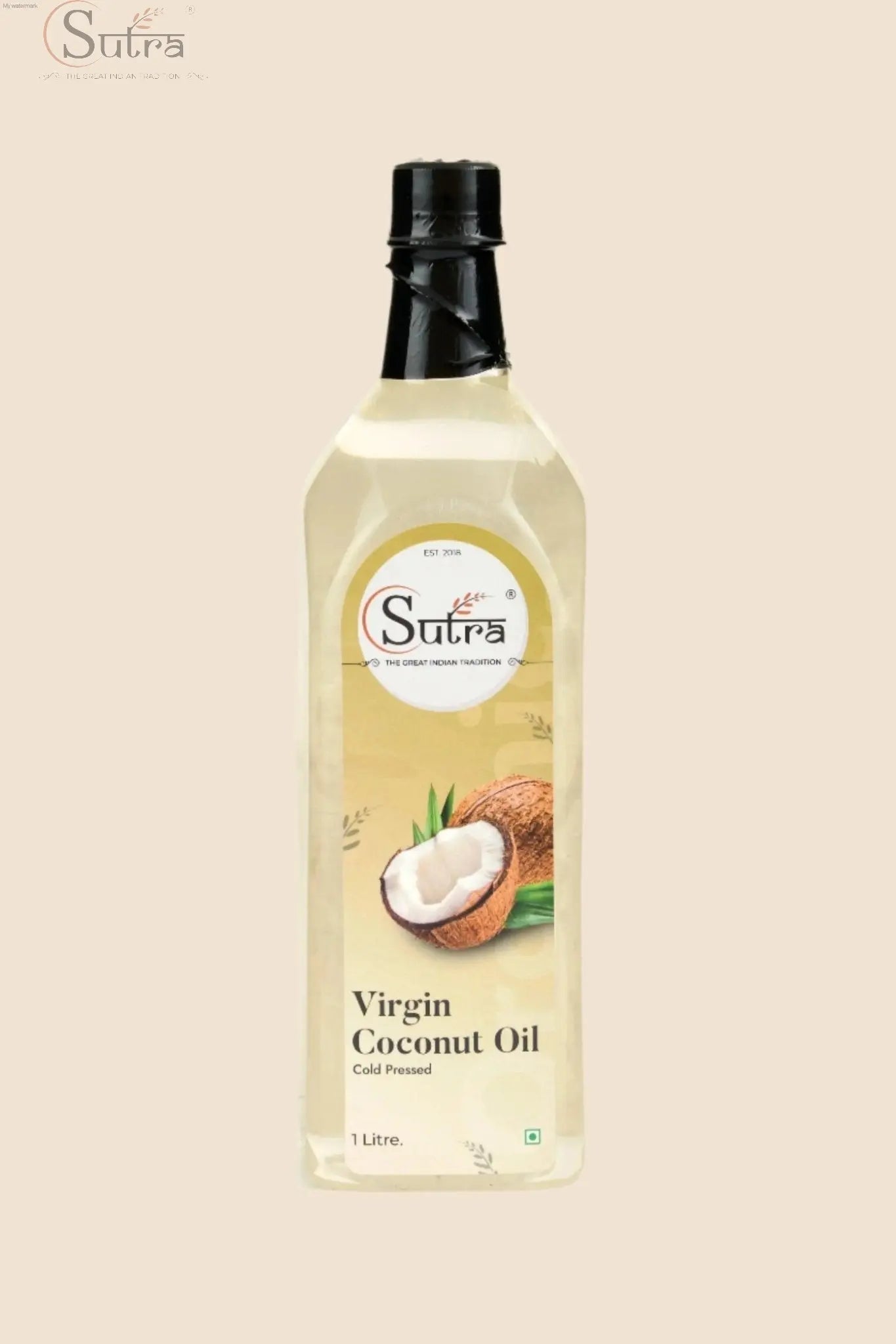 Sutra Wood Cold Pressed Virgin Coconut Oil bottle, cold-pressed and wood-pressed for cooking and wellness.