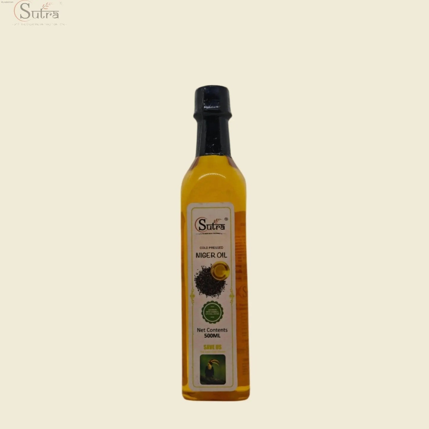 Sutra Wooden Cold Pressed Niger Oil bottle, 500ml, premium unrefined oil made from Niger seeds, ideal for cooking and skincare.