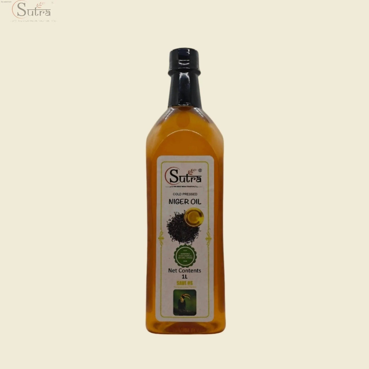 Sutra Wooden Cold Pressed Niger Oil bottle with label, 100% pure, unrefined, natural, rich in omega-3 for cooking, skincare, wellness.