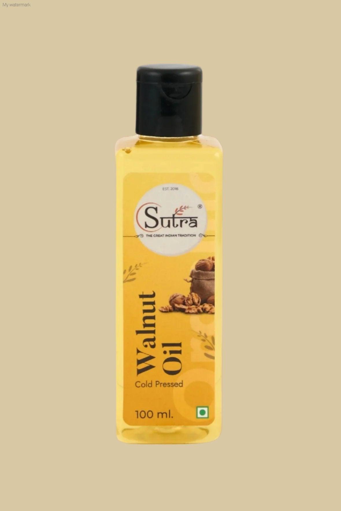 Sutra Walnut Oil 100ml bottle, cold-pressed, for cooking, hair, and health benefits.