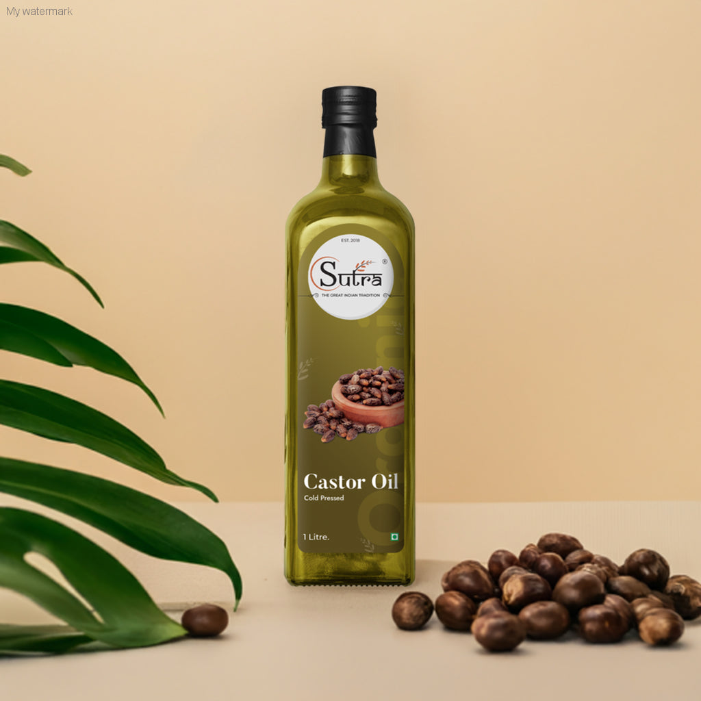 Sutra Castor Oil bottle with castor seeds, showcasing benefits for skin, hair, and wellness.