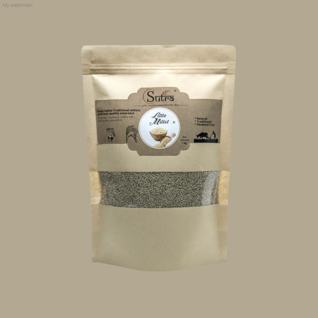 SUTRA Little Millet Whole Grain, high protein and fiber, Puliyogare rice replacement package.