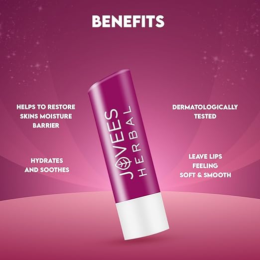 Jovees Herbal Berry Lip Balm with hyaluronic acid for soft, hydrated lips.