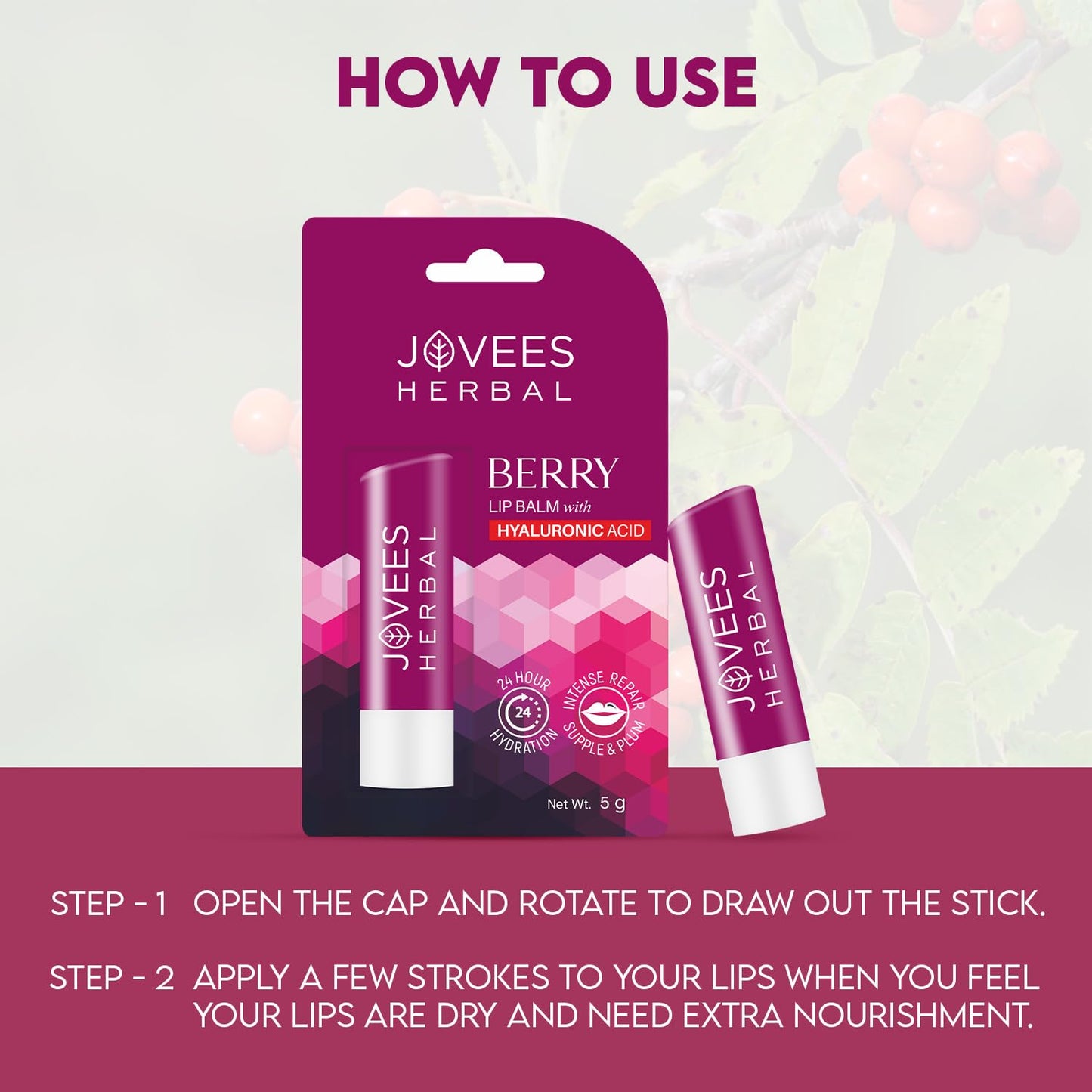 Jovees Herbal Berry Lip Balm with Hyaluronic Acid for hydrating, nourishing lips.