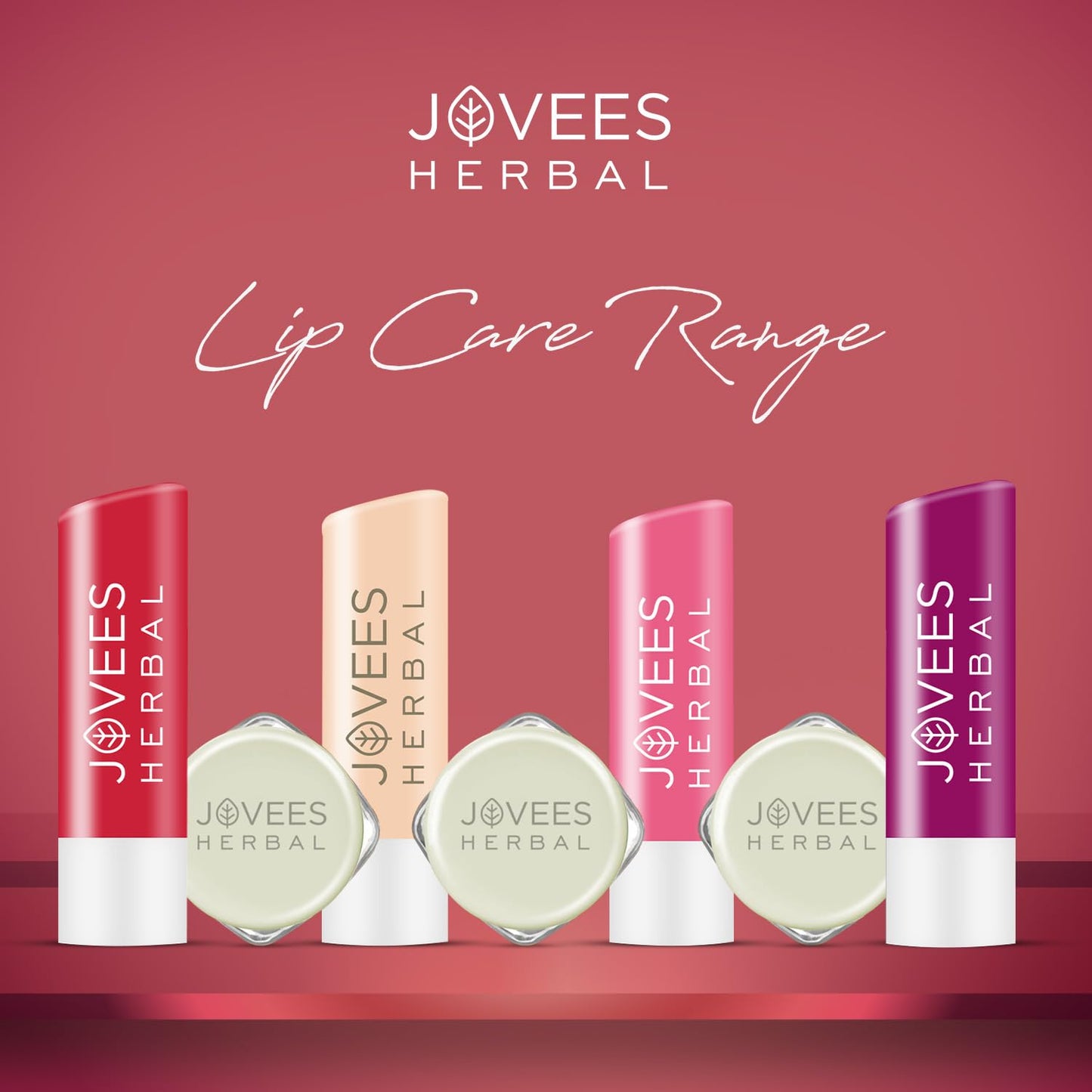 Jovees Herbal Berry Lip Balm range with hyaluronic acid for hydration and nourishment, featuring different shades.